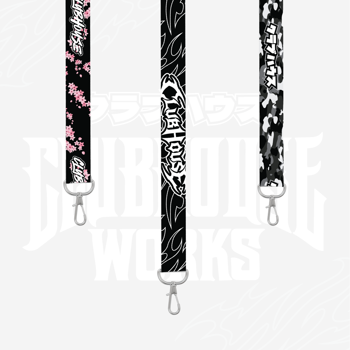 Clubhouse Works lanyards in cherry blossom, black flame and camo designs