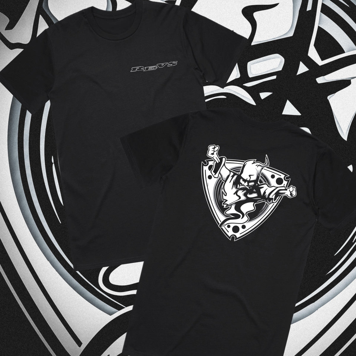 Black REVS Rotor Wizardz tee with classic rotary-inspired front and back artwork