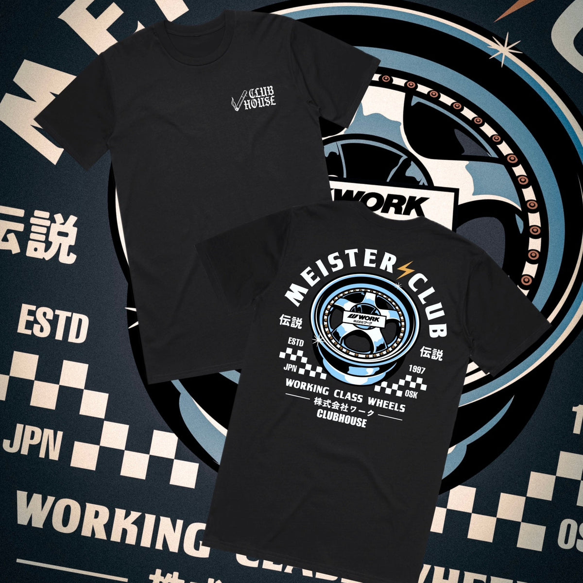 Black Clubhouse Works Meister Wheels Tee featuring WORK Meister wheel artwork