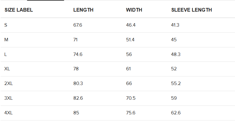 80's Club Tee size chart