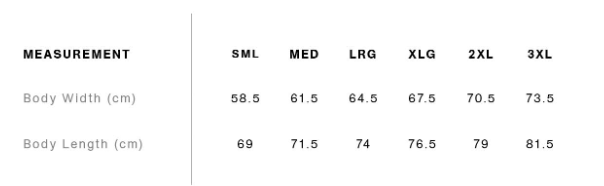 Size chart for PRE-ORDER Premium S15 Born To Hood