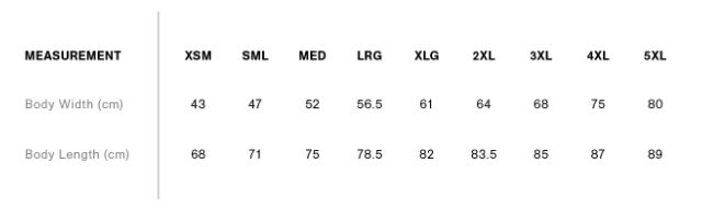 Size chart for Fast Culture Tee