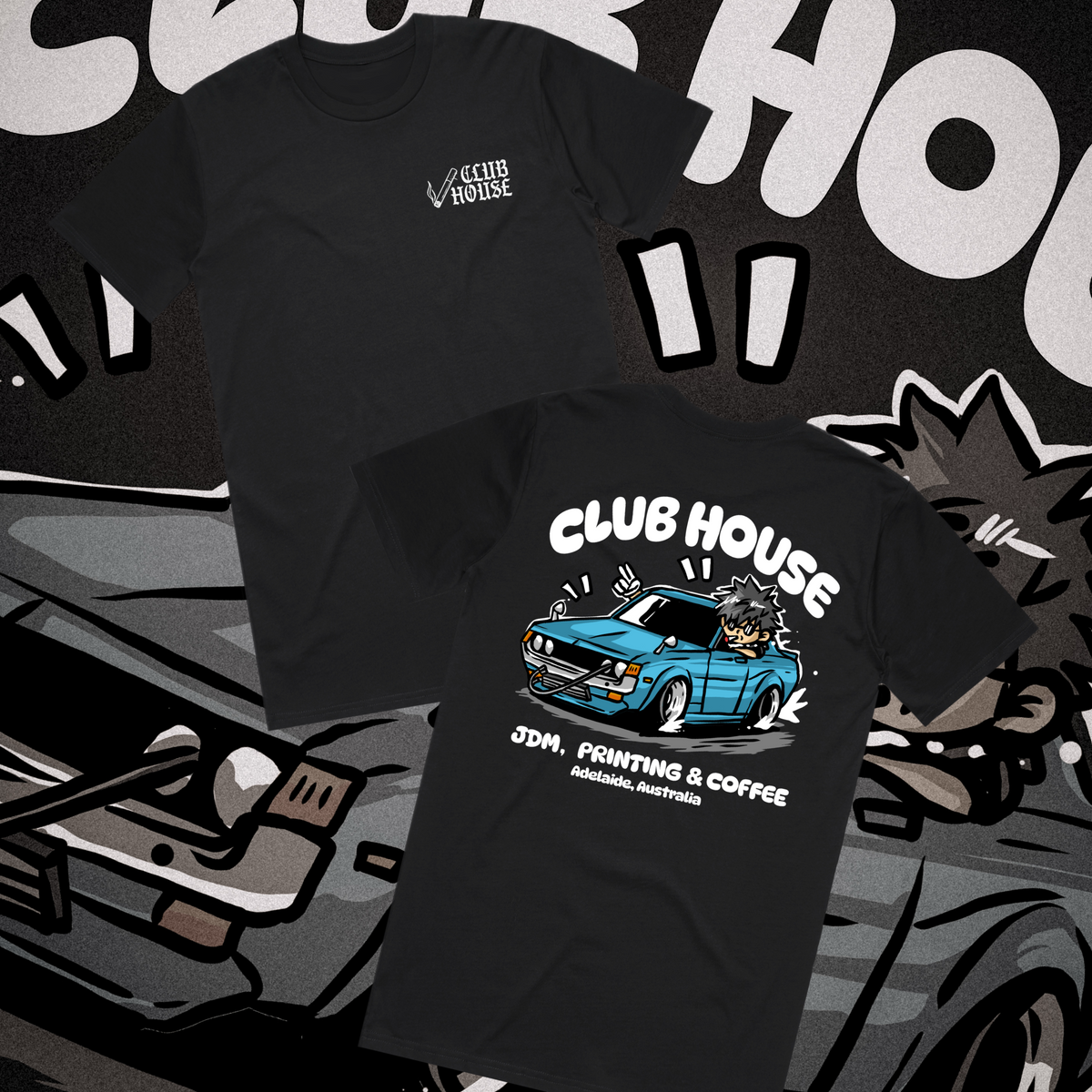 Black Chibi Club Tee featuring Toyota RA23 Celica chibi artwork
