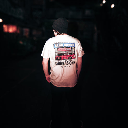 Drive As One RWB Tee showing Rauh-Welt Begriff inspired Porsche back artwork