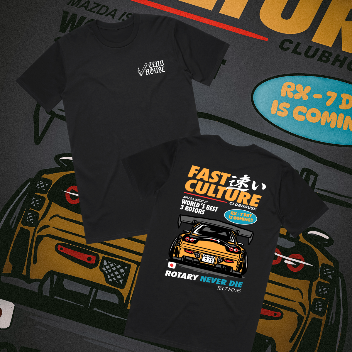 Black Fast Culture Tee featuring Mazda RX-7 FD3S rotary artwork