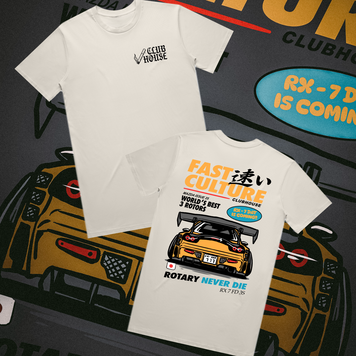 White Fast Culture Tee featuring Mazda RX-7 FD3S rotary artwork