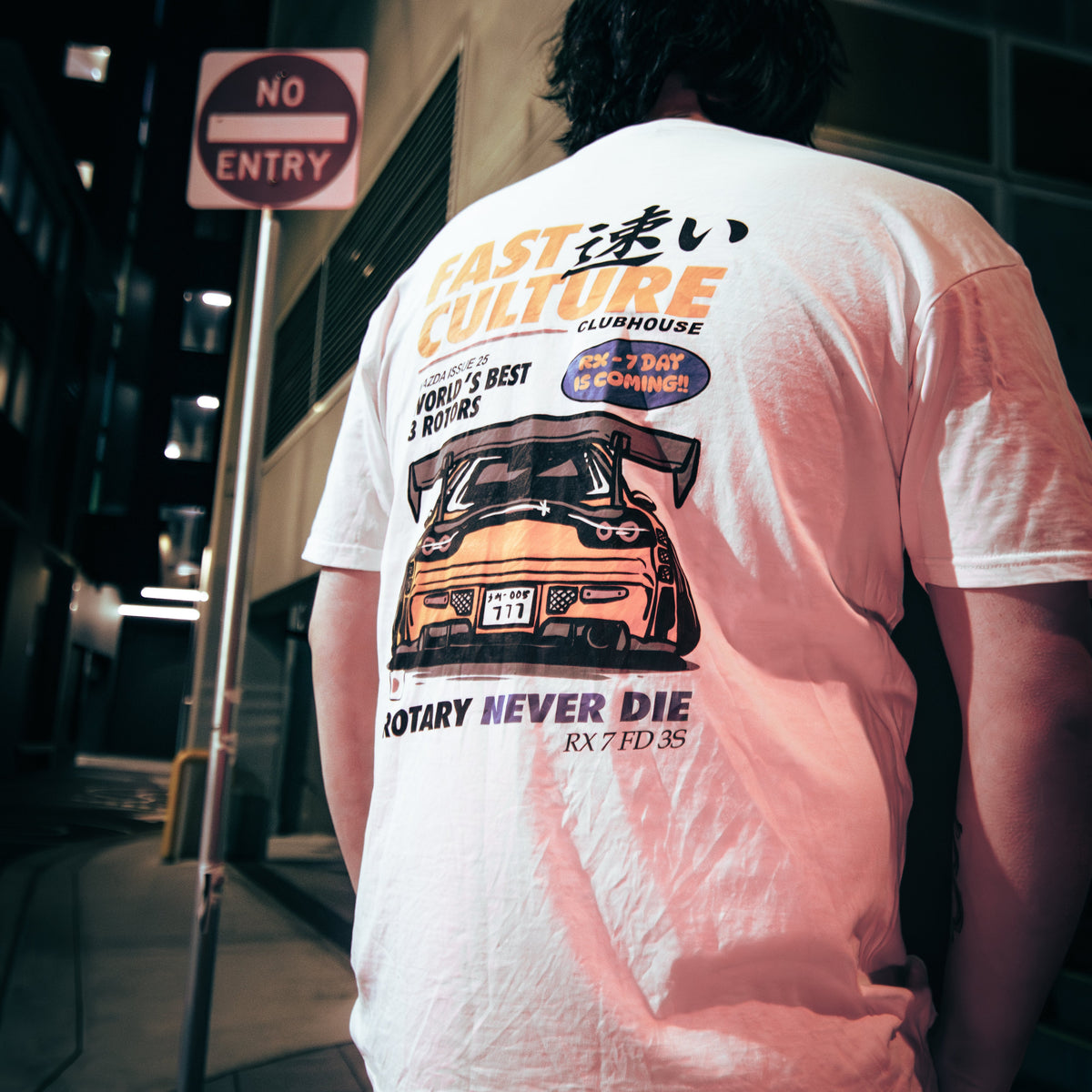Fast Culture Tee with RX-7 FD3S rotary graphic shown from the back