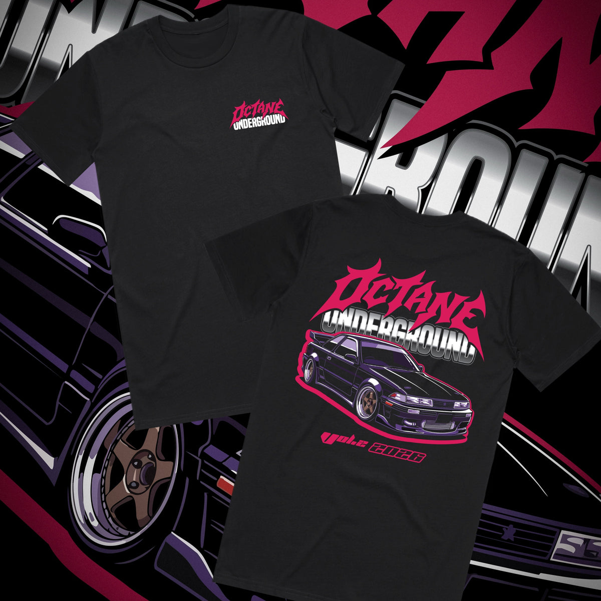 Octane Underground Black Toyota Soarer graphic tee front and back