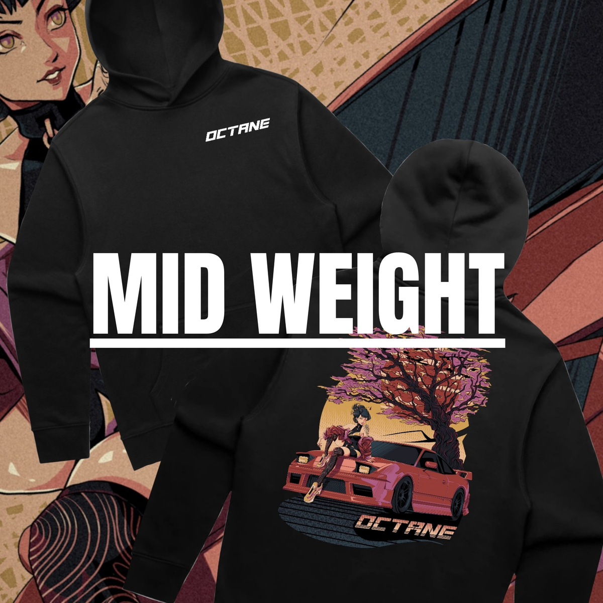 Octane Sakura SX midweight hoodie featuring pink Nissan 180SX artwork