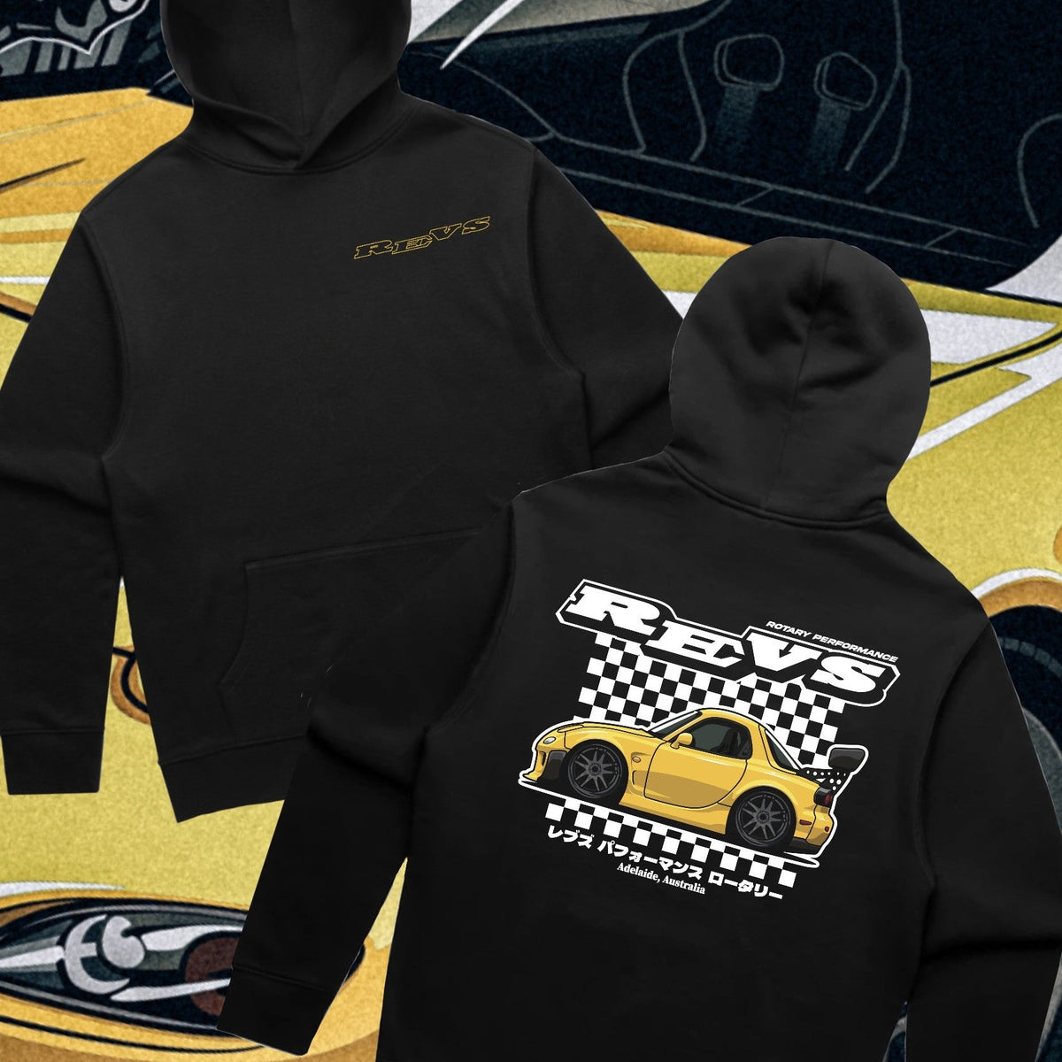 Black REVS Performance Rotary hoodie with yellow Mazda RX-7 FD3S big wing artwork