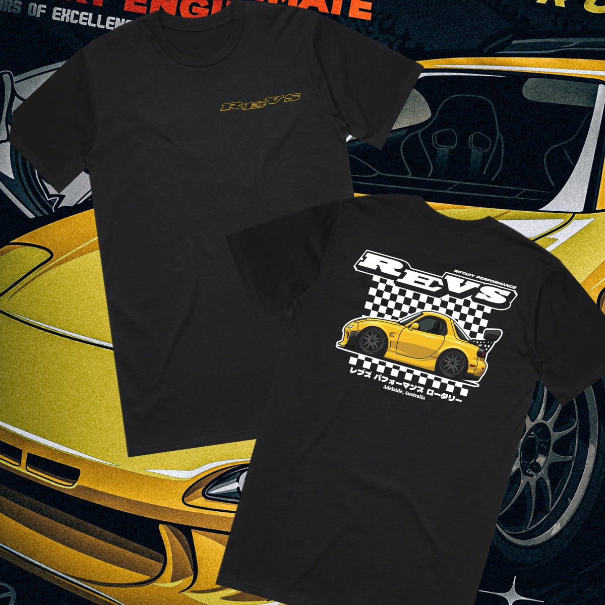Black REVS Performance Rotary T-shirt with yellow Mazda RX-7 FD3S big wing artwork