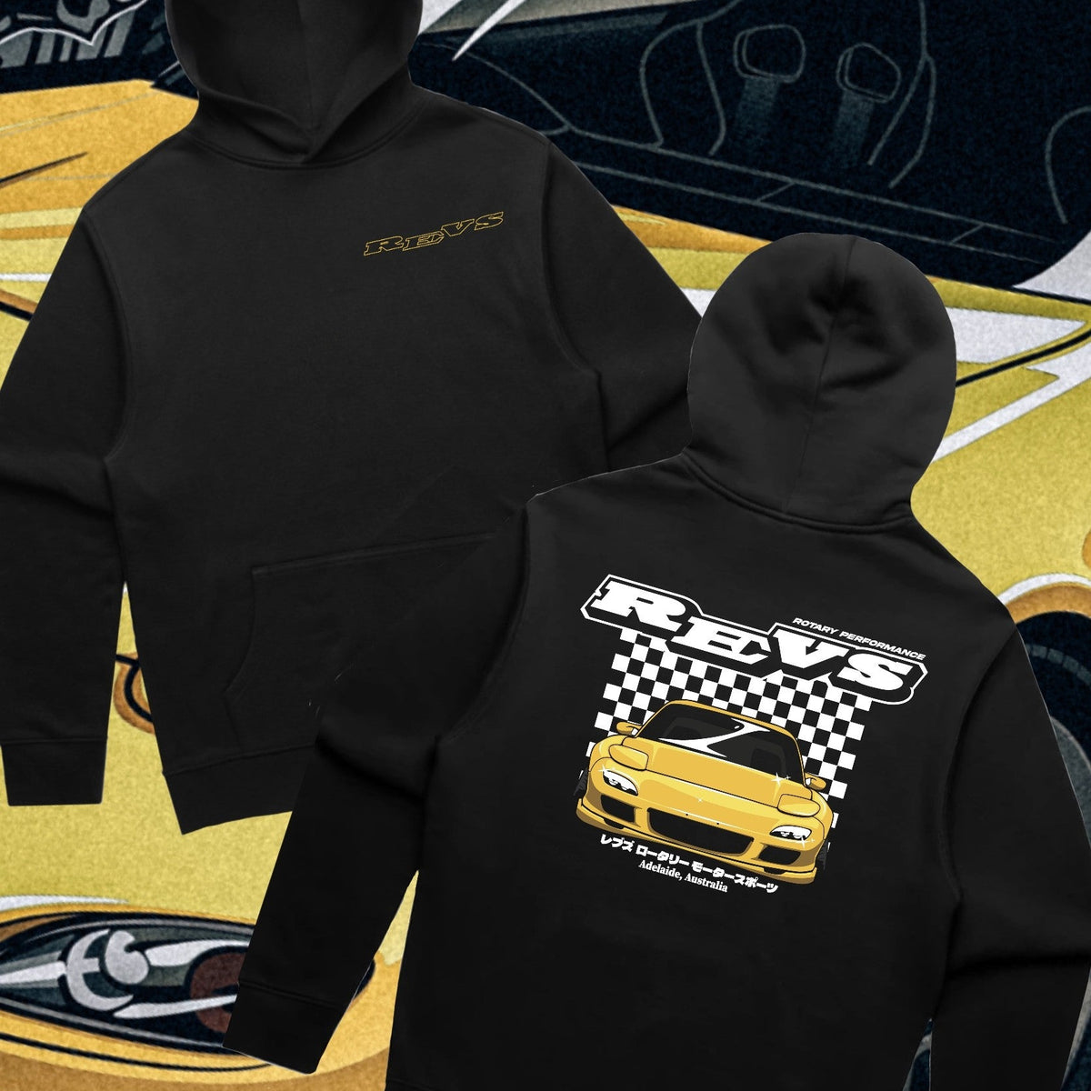 Black REVS Performance Rotary hoodie featuring yellow Mazda RX-7 FD3S artwork and checkered design