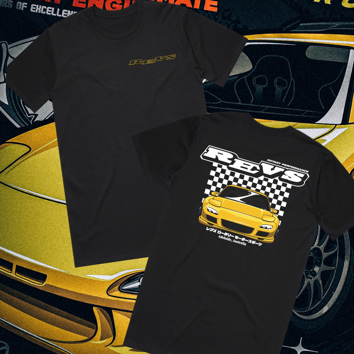 Black REVS Performance Rotary T-shirt with yellow Mazda RX-7 FD3S and checkered artwork