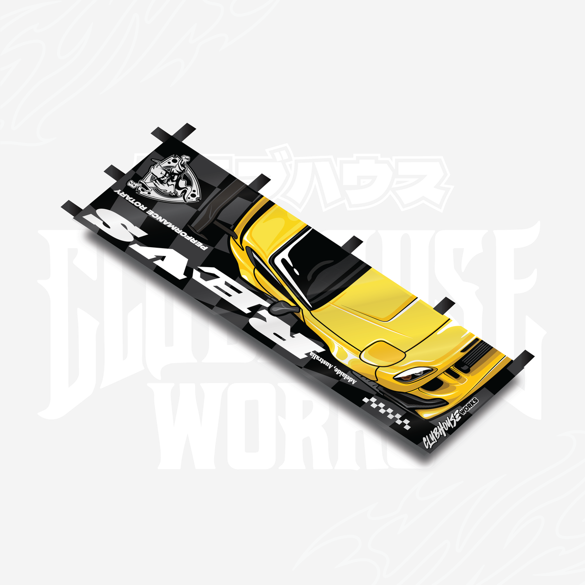 REVS Performance Rotary Nobori flag featuring yellow Mazda RX-7 FD3S
