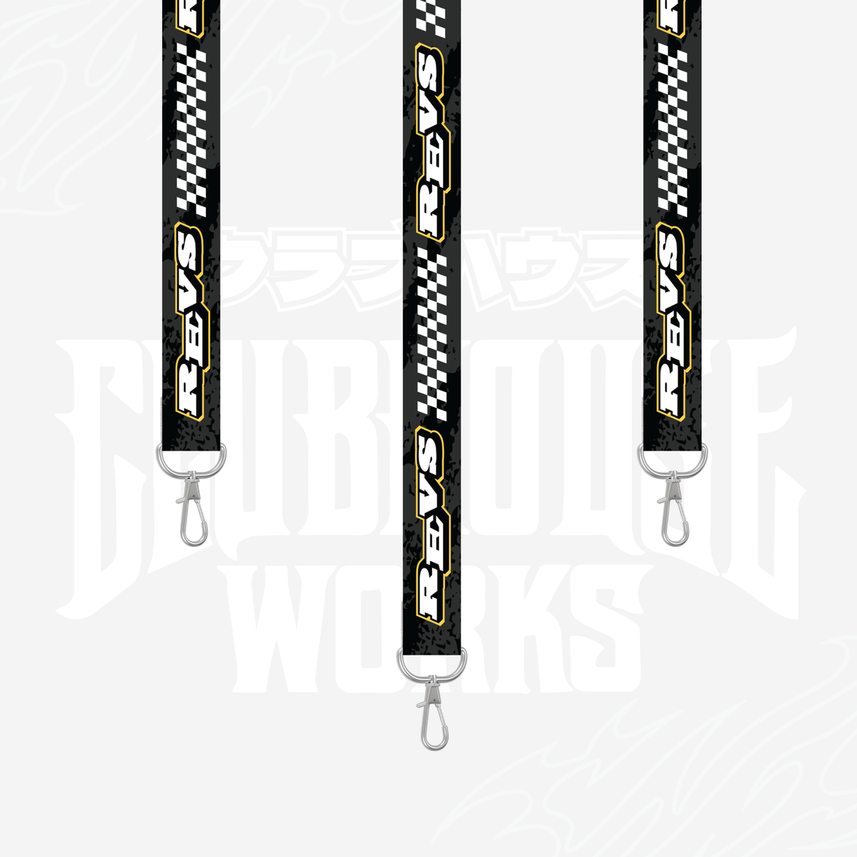 Black REVS Performance Rotary lanyard with white checkered detailing