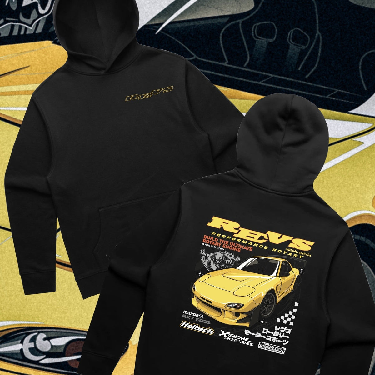 REVS Performance Rotary black hoodie with yellow Mazda RX-7 FD3S artwork