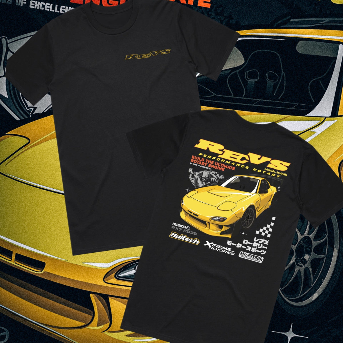 REVS Performance Rotary black tee with yellow Mazda RX-7 FD3S artwork