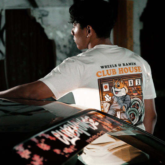 Shiba-San Tee showing wheels and ramen Shiba back graphic